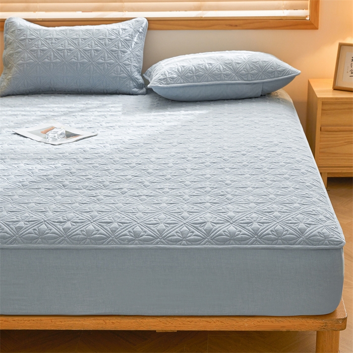 91家纺网 家纺一手货源 找家纺 3C 2025全棉蚕丝蛋白夹棉床笠 天星花-天空蓝