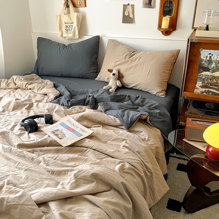 91家纺网 家纺一手货源 找家纺 耀达家居 2025新款水洗棉双拼夏被四件套 奶茶➕高级灰