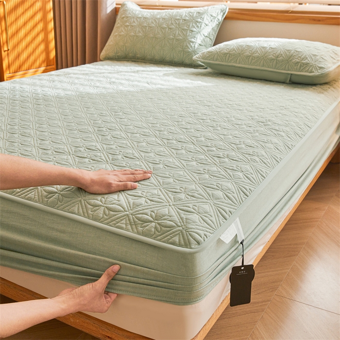 91家纺网 家纺一手货源 找家纺 3C 2025全棉蚕丝蛋白夹棉床笠 天星花-抹茶绿