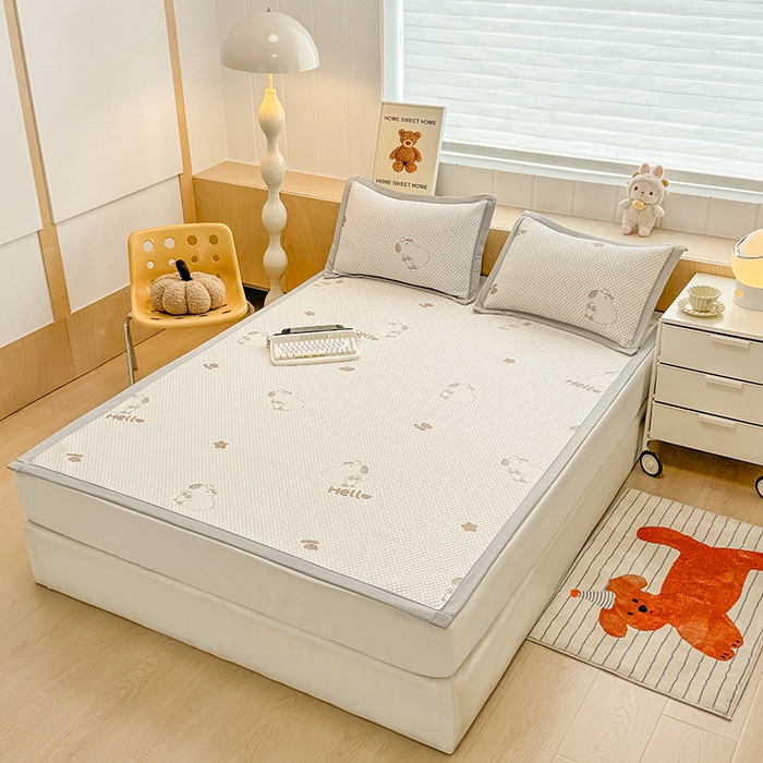 91家纺网 家纺一手货源 找家纺 绣女坊 2025新款冰豆豆提花凉席三件套 卡皮巴拉-卡其