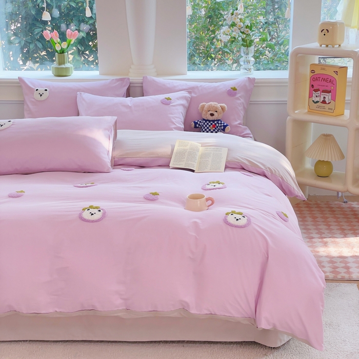 91家纺网 家纺一手货源 找家纺 锦觅家纺 2025新款奶油小清新毛巾绣全棉纯棉四件套-风格一（专版散花必须控价） 甜蜜幸福