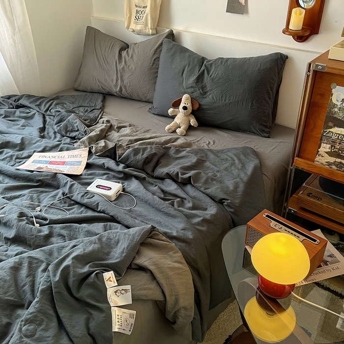 91家纺网 家纺一手货源 找家纺 耀达家居 2025新款水洗棉双拼夏被四件套 高级灰➕烟灰