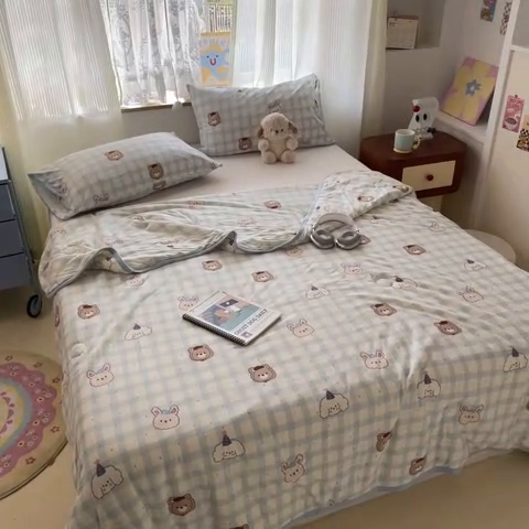 91家纺网 家纺一手货源 找家纺 葡萄家 2025新款A类母婴级大豆纤维牛奶丝针织棉夏凉被（提供买家秀）格子小熊