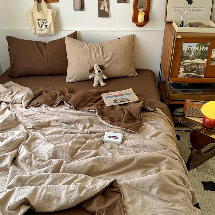 91家纺网 家纺一手货源 找家纺 耀达家居 2025新款水洗棉双拼夏被四件套 奶茶➕咖啡