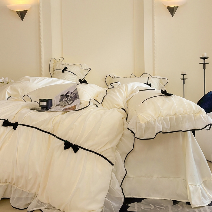 91家纺网 家纺一手货源 找家纺 梧桐家居 2025新款法式高定蝴蝶结赛琳娜雪纺花边四件套 赛琳娜-黄