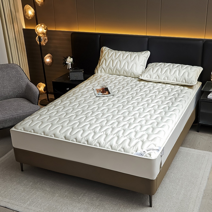 91家纺网 家纺一手货源 找家纺 3C 2025新款100支全棉抗菌夹棉床笠 韵律 白