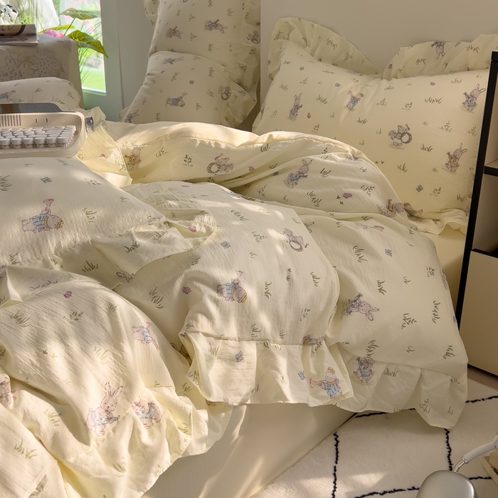 91家纺网 家纺一手货源 找家纺 希丞家居 2025新款云感提花双层纱花边四件套 音乐派对