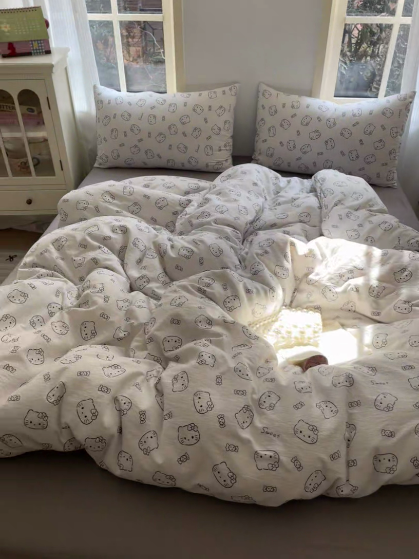 91家纺网 家纺一手货源 找家纺 初念 2025新款云感针织双层纱三件套-四件套【提供买家秀】 猫咪恋人