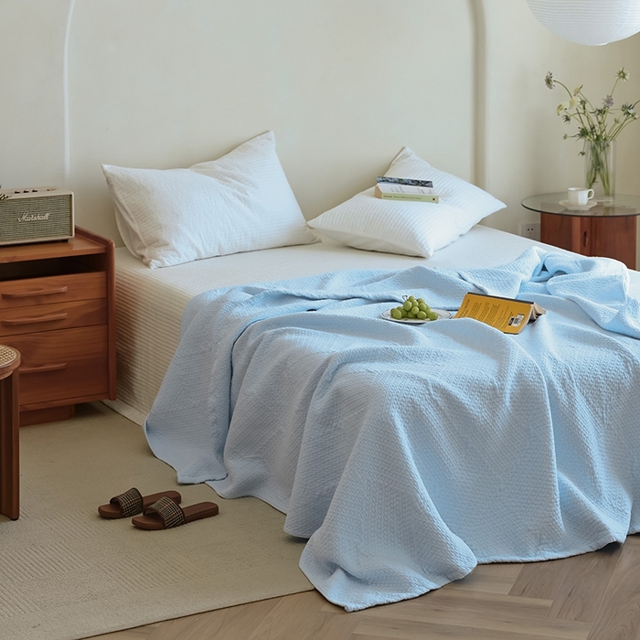 91家纺网 家纺一手货源 找家纺 雯雨家纺2025新款A类全棉加厚六层纱提花纯色盖毯 六层纱-浅蓝