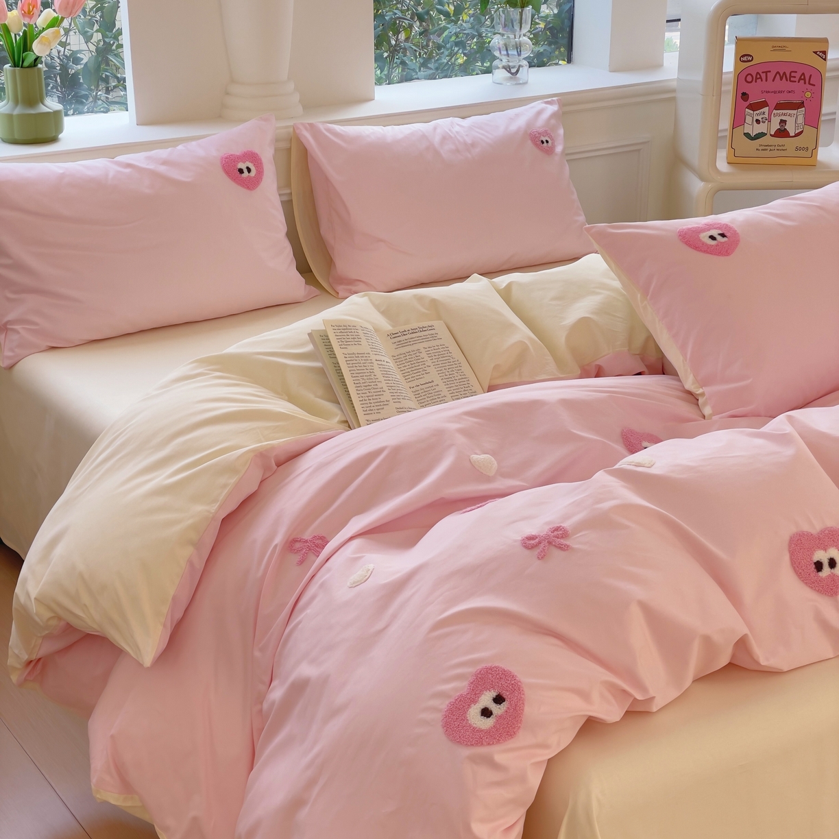 91家纺网 家纺一手货源 找家纺 锦觅家纺  2025新款奶油小清新毛巾绣全棉纯棉四件套-风格一（专版散花必须控价） 大眼爱心