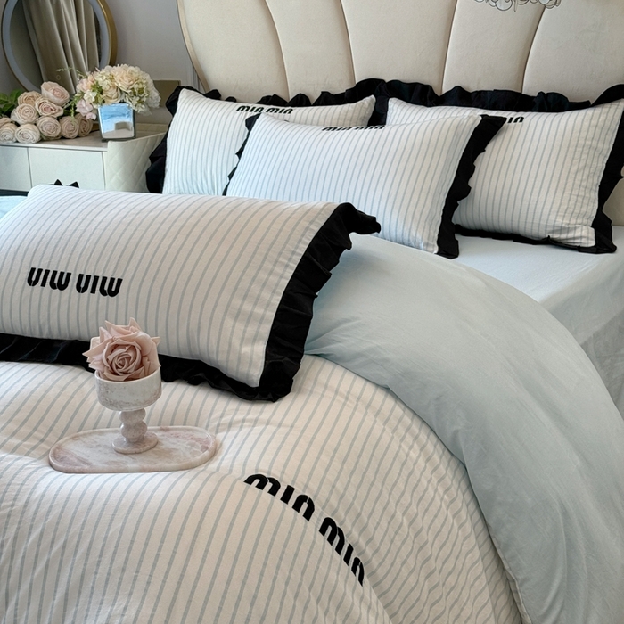 91家纺网 家纺一手货源 找家纺 千希家纺2025新款法式小香风四件套 法式条纹-繁星蓝