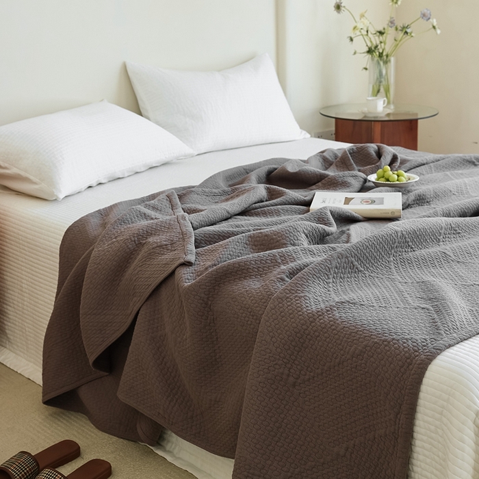 91家纺网 家纺一手货源 找家纺 雯雨家纺2025新款A类全棉加厚六层纱提花纯色盖毯 六层纱-深灰