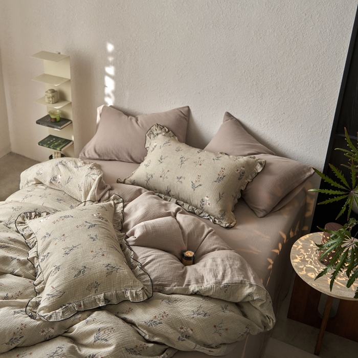 91家纺网 家纺一手货源 找家纺 安莱生活2025年新款全棉精梳棉双层纱绉纱数码印花四件套及夏凉被系列3 织麦-咖