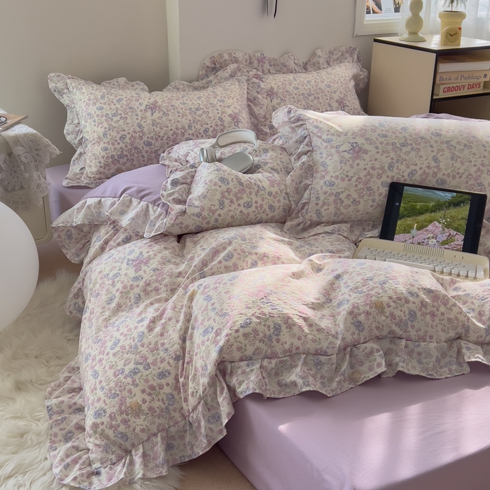 91家纺网 家纺一手货源 找家纺 希丞家居 2025新款云感提花双层纱花边四件套 花海