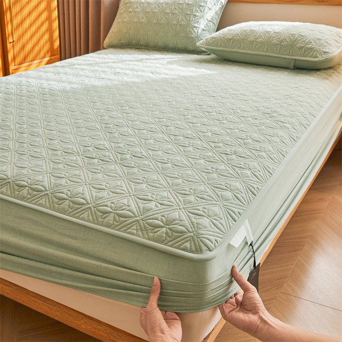 91家纺网 家纺一手货源 找家纺 3C 2025全棉蚕丝蛋白夹棉床笠 天星花-抹茶绿