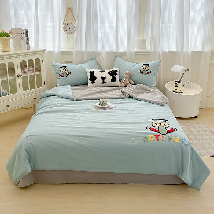 91家纺网 家纺一手货源 找家纺 眠帛家居 2025新款A类水洗皱皱纱毛巾绣夏被四件套 章鱼哥