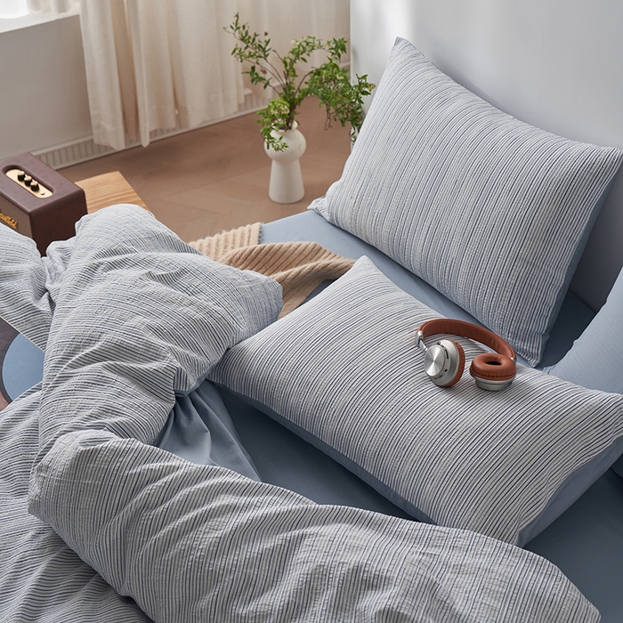 91家纺网 家纺一手货源 找家纺 千朵森  2025新款全棉色织提花条纹四件套 提花条纹-蓝