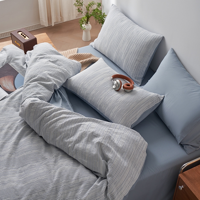 91家纺网 家纺一手货源 找家纺 千朵森  2025新款全棉色织提花条纹四件套 提花条纹-蓝