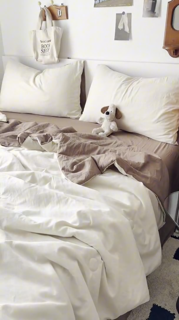 91家纺网 家纺一手货源 找家纺 耀达家居 2025新款水洗棉双拼夏被四件套 燕麦➕可可