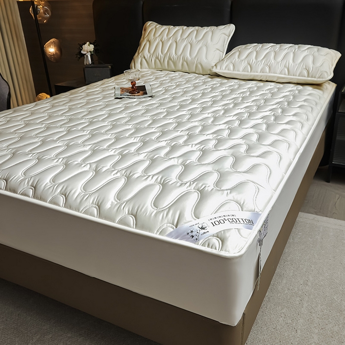 91家纺网 家纺一手货源 找家纺 3C 2025新款100支全棉抗菌夹棉床笠 韵律 白