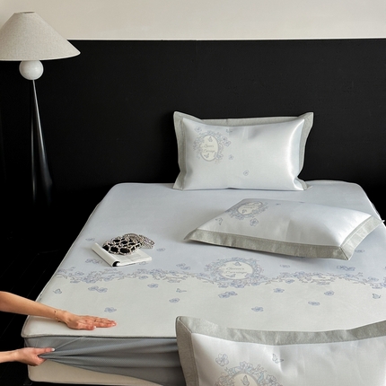 三味舒屋 2025新款凉感抗菌南法恬谧系列大版数码印花冰丝床席-床笠 曼塔蓝-床笠款