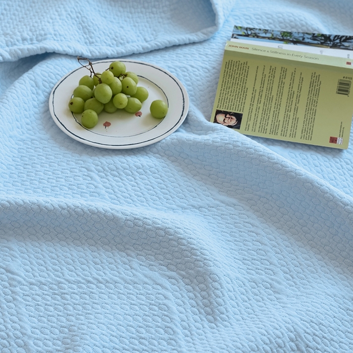 91家纺网 家纺一手货源 找家纺 雯雨家纺2025新款A类全棉加厚六层纱提花纯色盖毯 六层纱-浅蓝