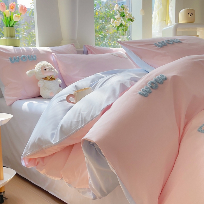 91家纺网 家纺一手货源 找家纺 锦觅家纺  2025新款奶油小清新毛巾绣全棉纯棉四件套-风格一（专版散花必须控价） 甜心小猫