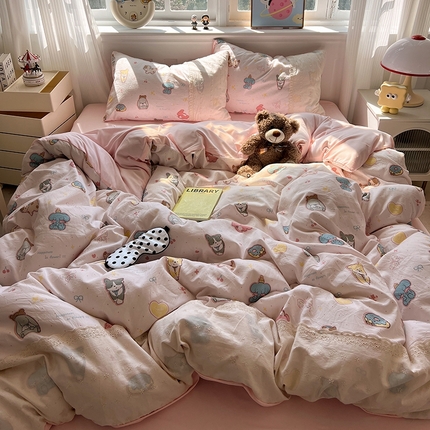 91家纺网 家纺一手货源 找家纺 韩都家居  2025春夏新款蕾丝花边云感双层纱四件套 动感乐园