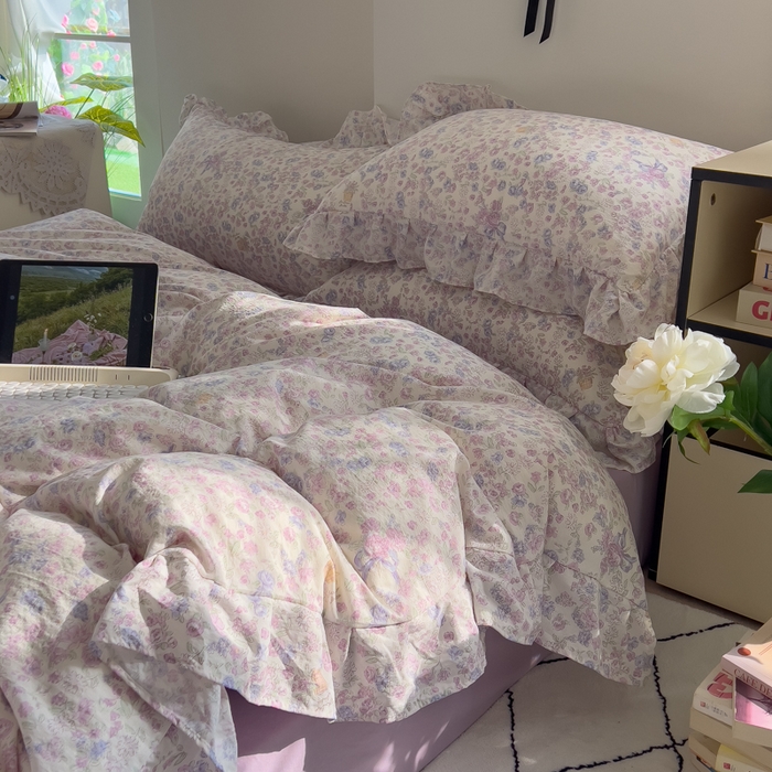 91家纺网 家纺一手货源 找家纺 希丞家居 2025新款云感提花双层纱花边四件套 花海