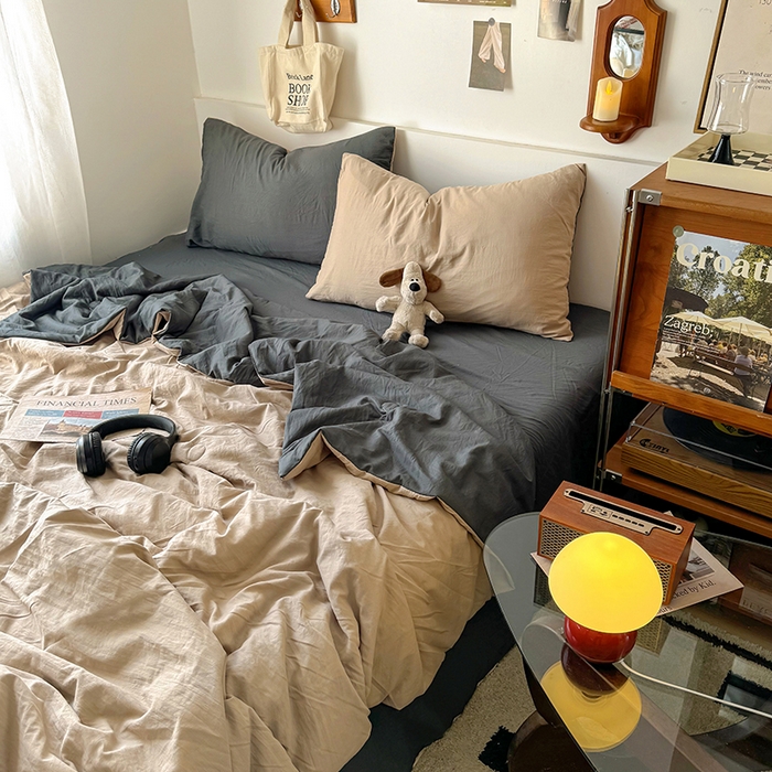 91家纺网 家纺一手货源 找家纺 耀达家居 2025新款水洗棉双拼夏被四件套 奶茶➕高级灰