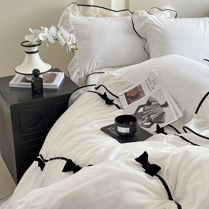 91家纺网 家纺一手货源 找家纺 梧桐家居 2025新款法式高定蝴蝶结赛琳娜雪纺花边四件套 赛琳娜-白