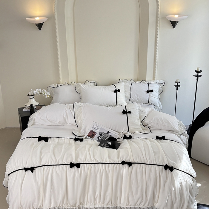 91家纺网 家纺一手货源 找家纺 梧桐家居 2025新款法式高定蝴蝶结赛琳娜雪纺花边四件套 赛琳娜-白