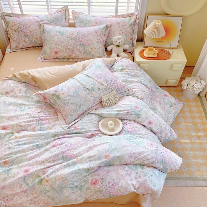 91家纺网 家纺一手货源 找家纺 星期三  2025年4月新款铂金全棉纯棉13372四件套 加微信有会员价 柔纱花影