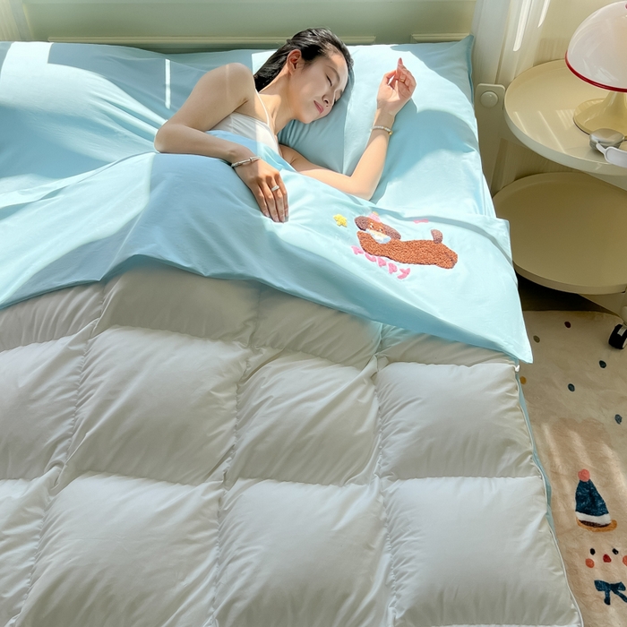 91家纺网 家纺一手货源 找家纺 柒星睡袋 2025新款款40支全棉纯色毛巾绣可拆分隔脏睡袋 帕皮狗 蓝