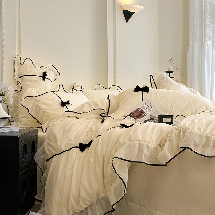 91家纺网 家纺一手货源 找家纺 梧桐家居 2025新款法式高定蝴蝶结赛琳娜雪纺花边四件套 赛琳娜-黄