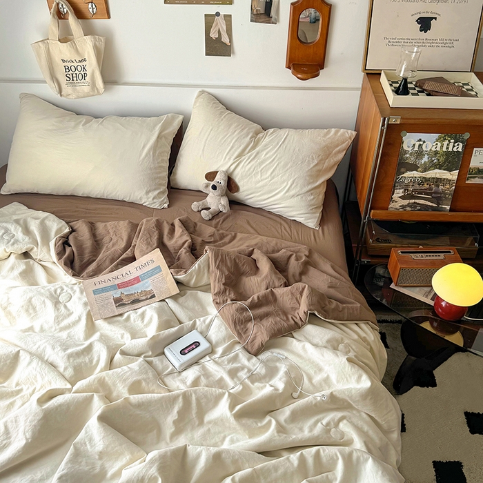 91家纺网 家纺一手货源 找家纺 耀达家居 2025新款水洗棉双拼夏被四件套 燕麦➕可可