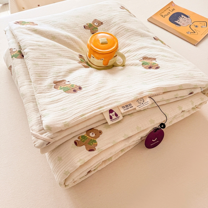 91家纺网 家纺一手货源 找家纺 （总）薇玛仕 2025新款A类全棉双层皱皱纱印花款大豆夏凉被空调被儿童被被子被芯