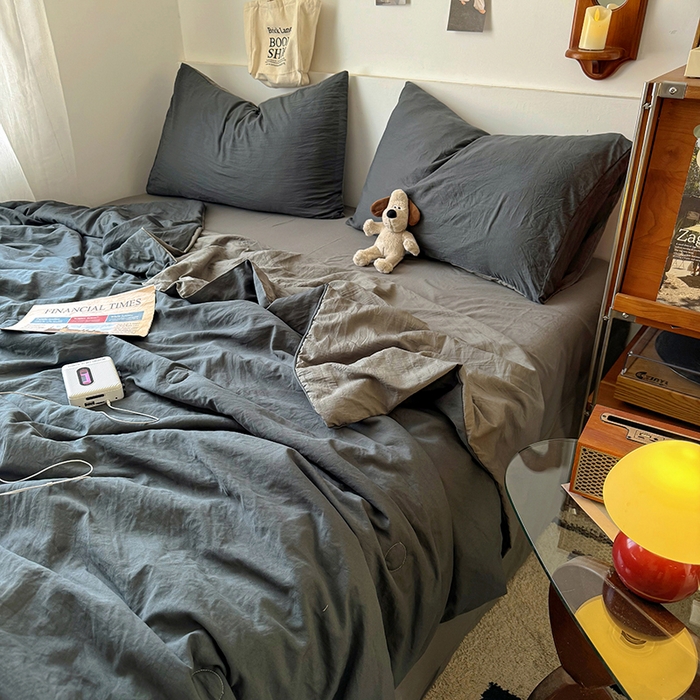 91家纺网 家纺一手货源 找家纺 耀达家居 2025新款水洗棉双拼夏被四件套 高级灰➕烟灰