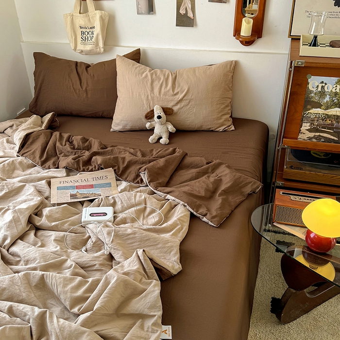 91家纺网 家纺一手货源 找家纺 耀达家居 2025新款水洗棉双拼夏被四件套 奶茶➕咖啡