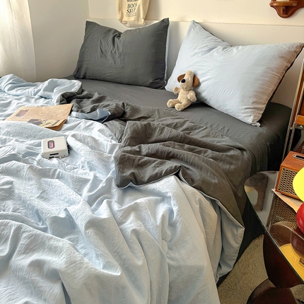 耀达家居 2025新款水洗棉双拼夏被四件套 海盐蓝➕高级灰