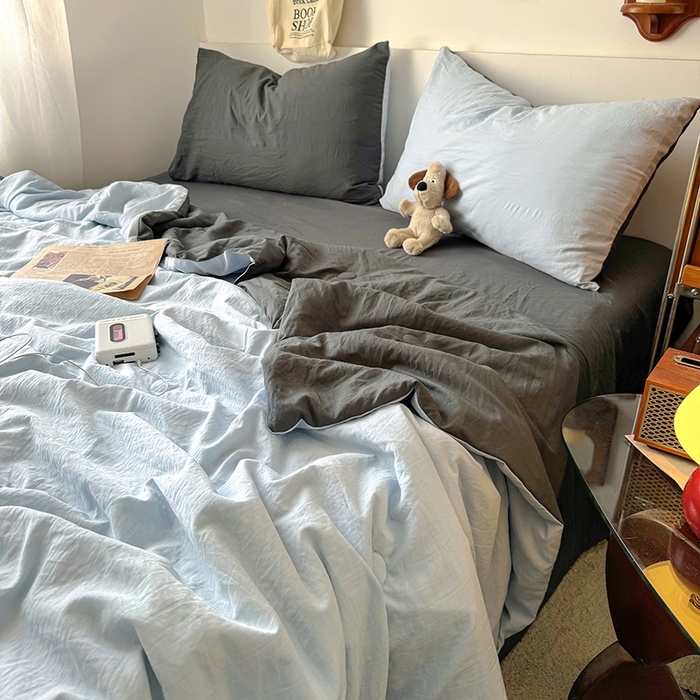 91家纺网 家纺一手货源 找家纺 耀达家居 2025新款水洗棉双拼夏被四件套 海盐蓝➕高级灰