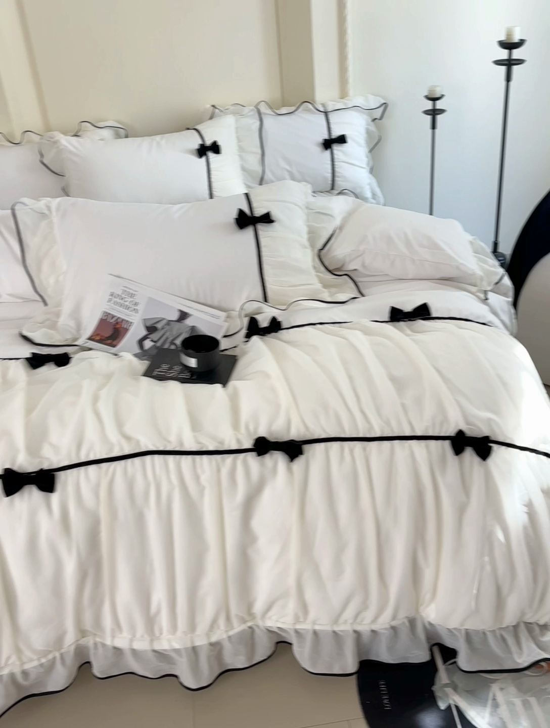 91家纺网 家纺一手货源 找家纺 梧桐家居 2025新款法式高定蝴蝶结赛琳娜雪纺花边四件套 赛琳娜-白