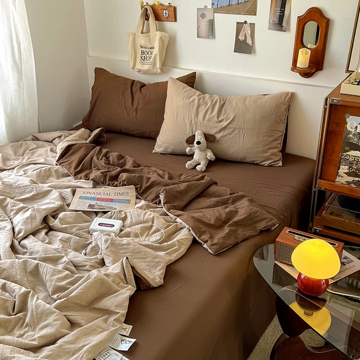 91家纺网 家纺一手货源 找家纺 耀达家居 2025新款水洗棉双拼夏被四件套 奶茶➕咖啡