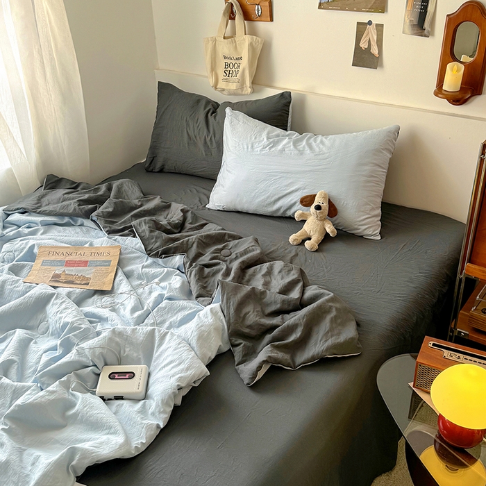 91家纺网 家纺一手货源 找家纺 耀达家居 2025新款水洗棉双拼夏被四件套 海盐蓝➕高级灰