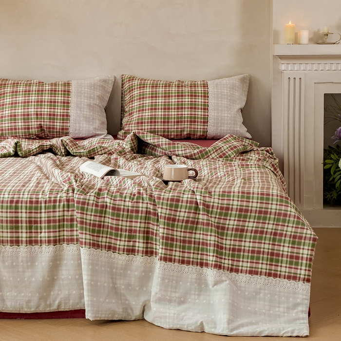 91家纺网 家纺一手货源 找家纺 曼町家居 2025春夏新款全棉纯棉双层纱法式镂空立体大花边夏被夏凉被空调被四件套 洛可可恋