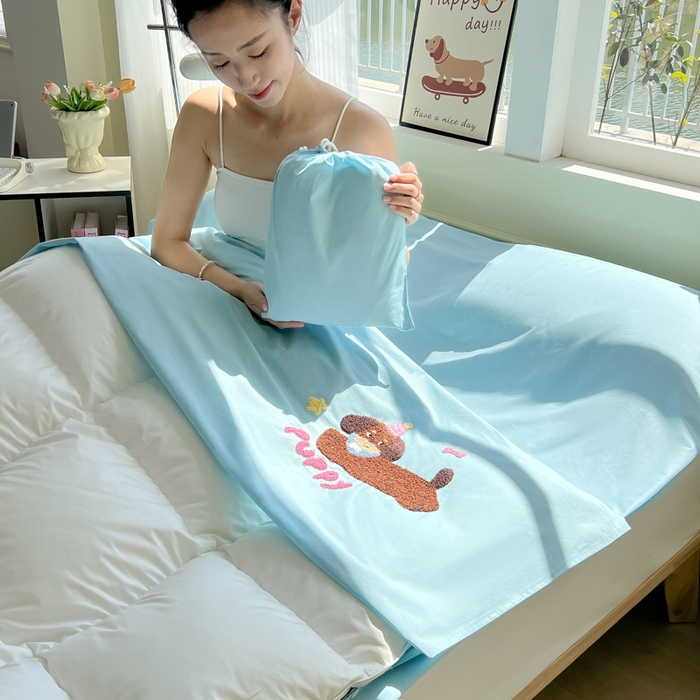 91家纺网 家纺一手货源 找家纺 柒星睡袋 2025新款款40支全棉纯色毛巾绣可拆分隔脏睡袋 帕皮狗 蓝