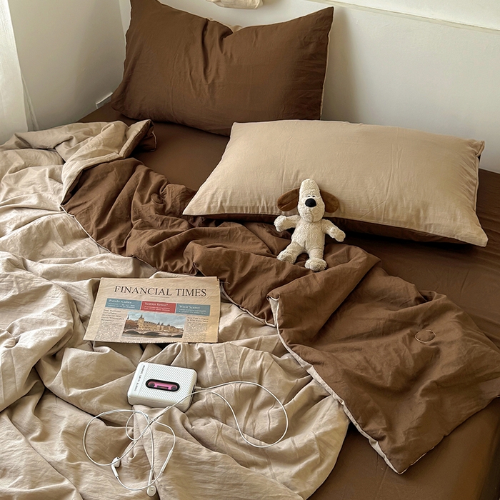 91家纺网 家纺一手货源 找家纺 耀达家居 2025新款水洗棉双拼夏被四件套 奶茶➕咖啡