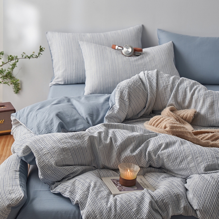 91家纺网 家纺一手货源 找家纺 千朵森  2025新款全棉色织提花条纹四件套 提花条纹-蓝