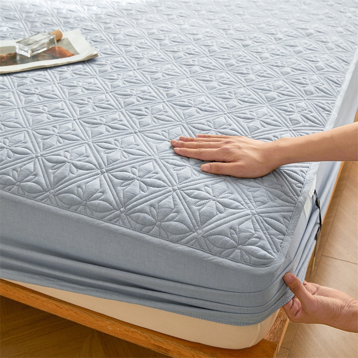 91家纺网 家纺一手货源 找家纺 3C 2025全棉蚕丝蛋白夹棉床笠 天星花-天空蓝