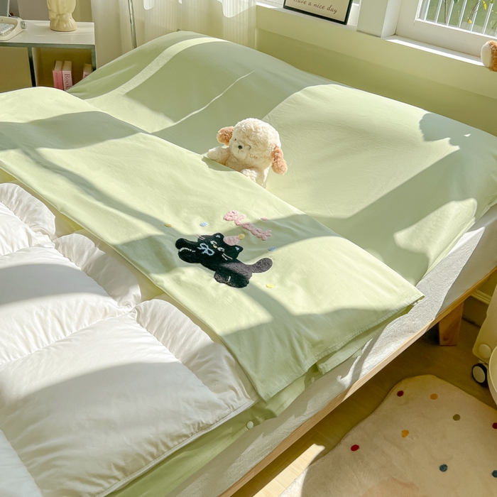 91家纺网 家纺一手货源 找家纺 柒星睡袋 2025新款款40支全棉纯色毛巾绣可拆分隔脏睡袋 黑猫 绿